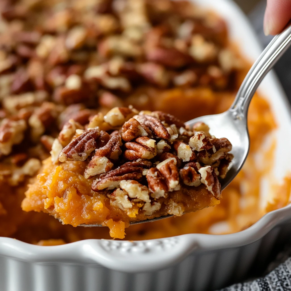 Southern Mashed Sweet Potato Casserole with Pecan Topping